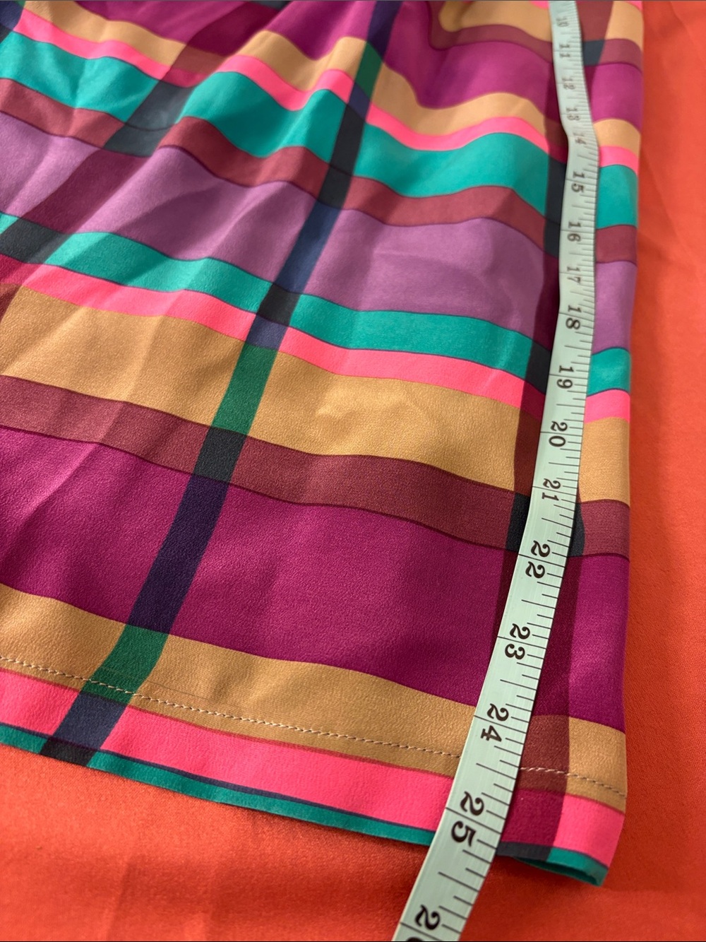 Vintage Argenti - 100% Silk Turquoise Purple Pink SandPlaid Midi Skirt w/Pockets - Picture 8 of 8